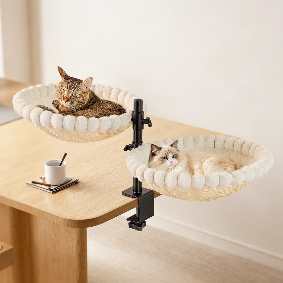 Double Cat Desk Bed, 360° Rotation, Holds 44lb, Adjustable, White