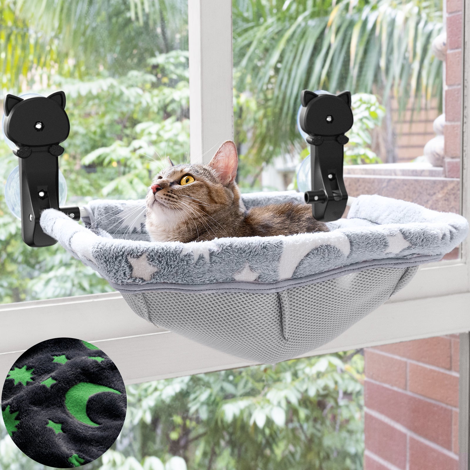 Cat Window Perch, Cordless Foldable Glow in The Dark Cat Hammock with Metal Frame, Star Pattern Window Bed for Indoor Cats