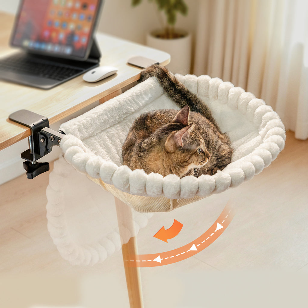 Cat Desk Bed, One-Click Folding, Holds 40lb, White+Two Clips