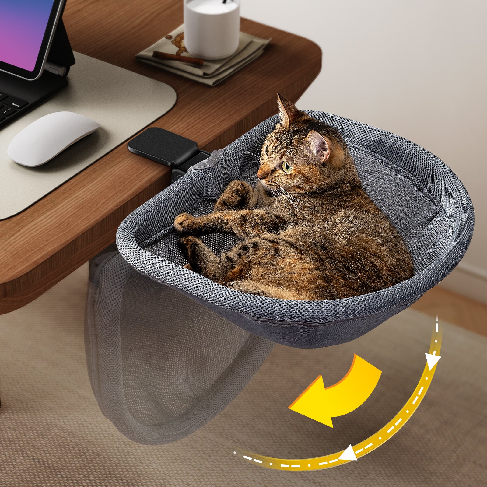Cat Desk Bed, One-Click Fold Semi-Circular Mesh Cover Material Cat Hammock Holds Up to 40lbs