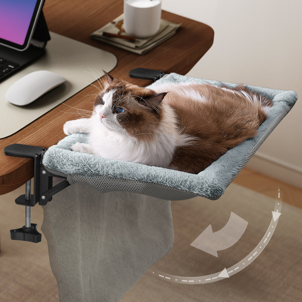 Desk Cat Bed with Foldable Sunken Square Design, Cozy Faux Rabbit Fur Cat Perch, Sturdy Frame Supports 33lb for Office Work & Gaming