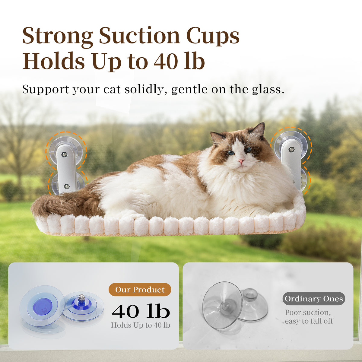 Cat Window Perch, Foldable Cat Hammock, 4 Suction Cups White+Medium