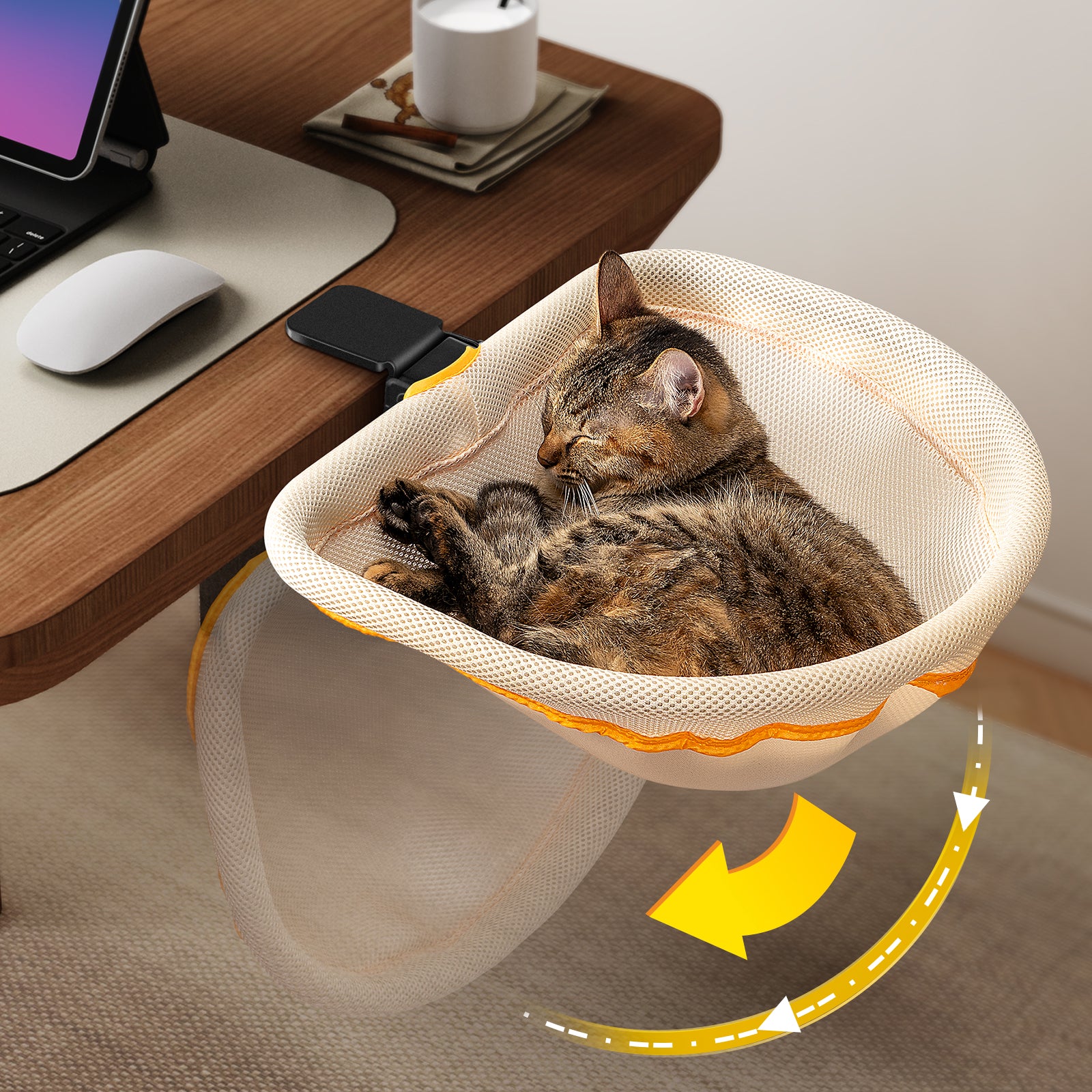 Cat Desk Bed, One-Click Fold Semi-Circular Mesh Cover Material Cat Hammock Holds Up to 40lbs