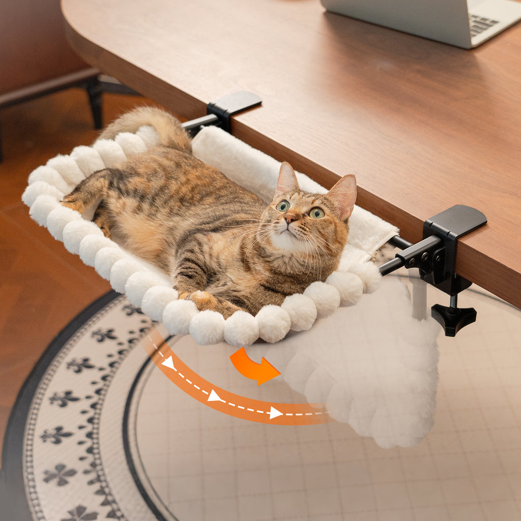 Cat Desk Bed, One-Click Fold, Holds Up to 40lb, White+2 Clips