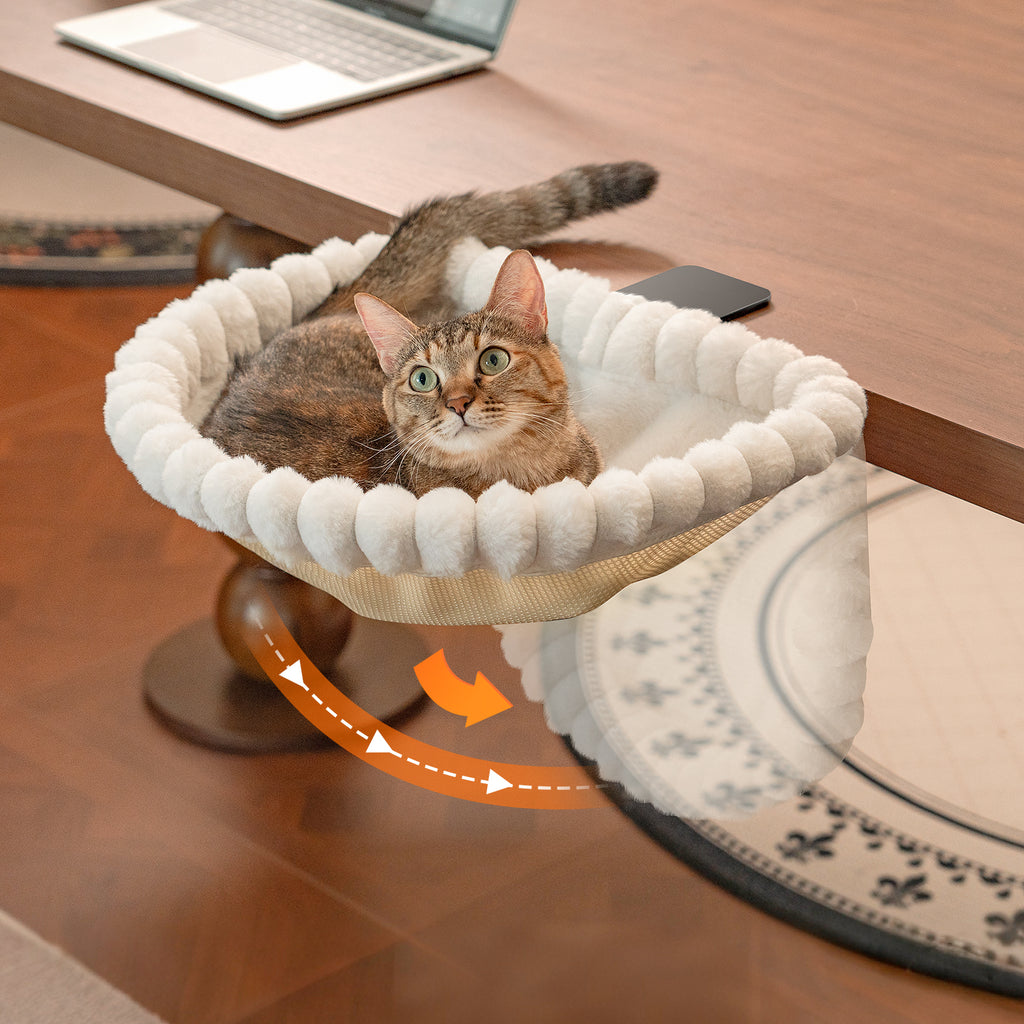 Cat Desk Bed, One-Click Folding, Holds 40lb, White+One Clip