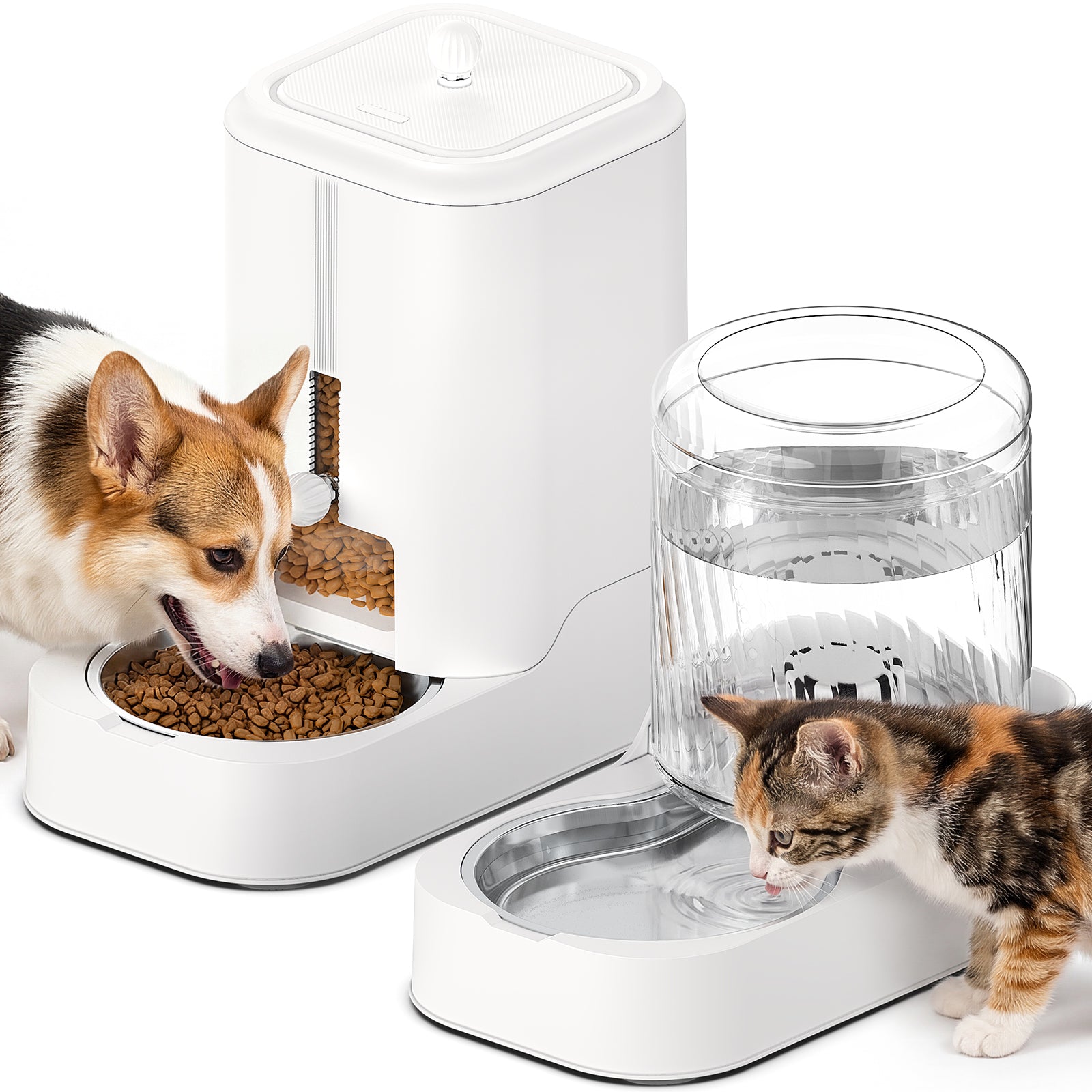 Automatic Pet Feeder & Water Dispenser Set, Stainless Steel Bowl Adjustable Dry Food Feeder for Cats Dogs
