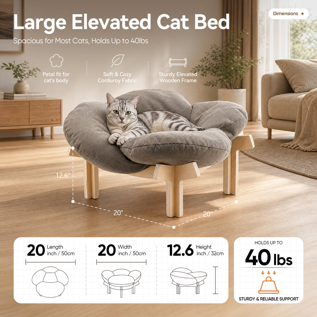 Wooden Elevated Cat Bed with Fluffy Cushion, Raised Pet Sofa Lounge Chair for Indoor Cats & Small Puppies