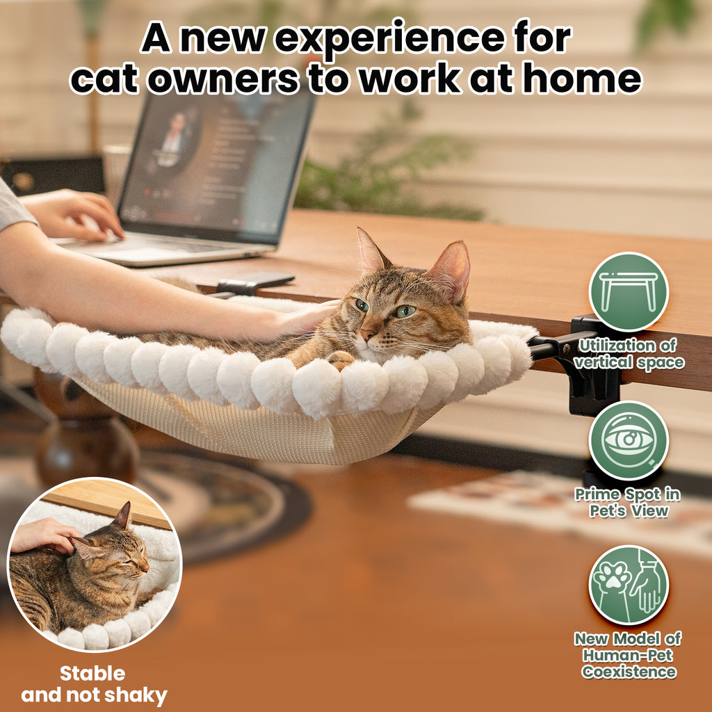 Cat Desk Bed, One-Click Fold, Holds Up to 40lb, White+2 Clips