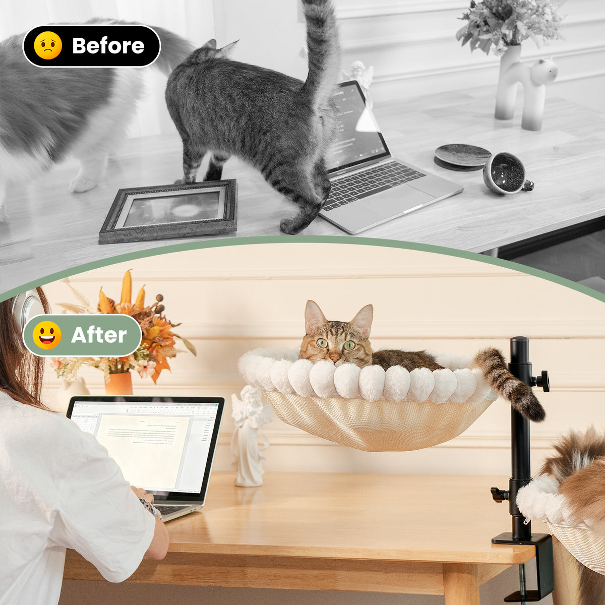 Double Cat Desk Bed, 360° Rotation, Holds 44lb, Adjustable, White