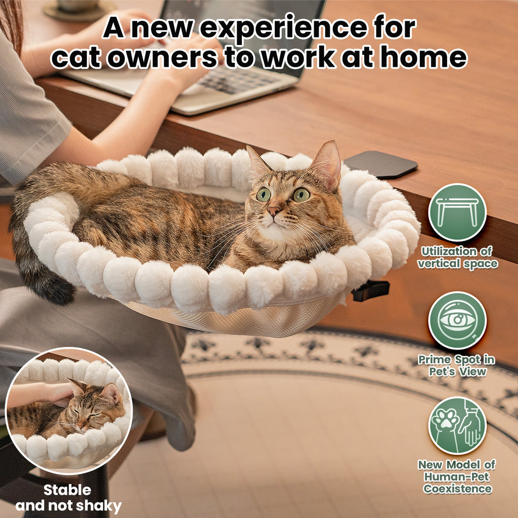 Cat Desk Bed, Rotatable Soft Cat Perch, Holds 40lb, White+One Clip
