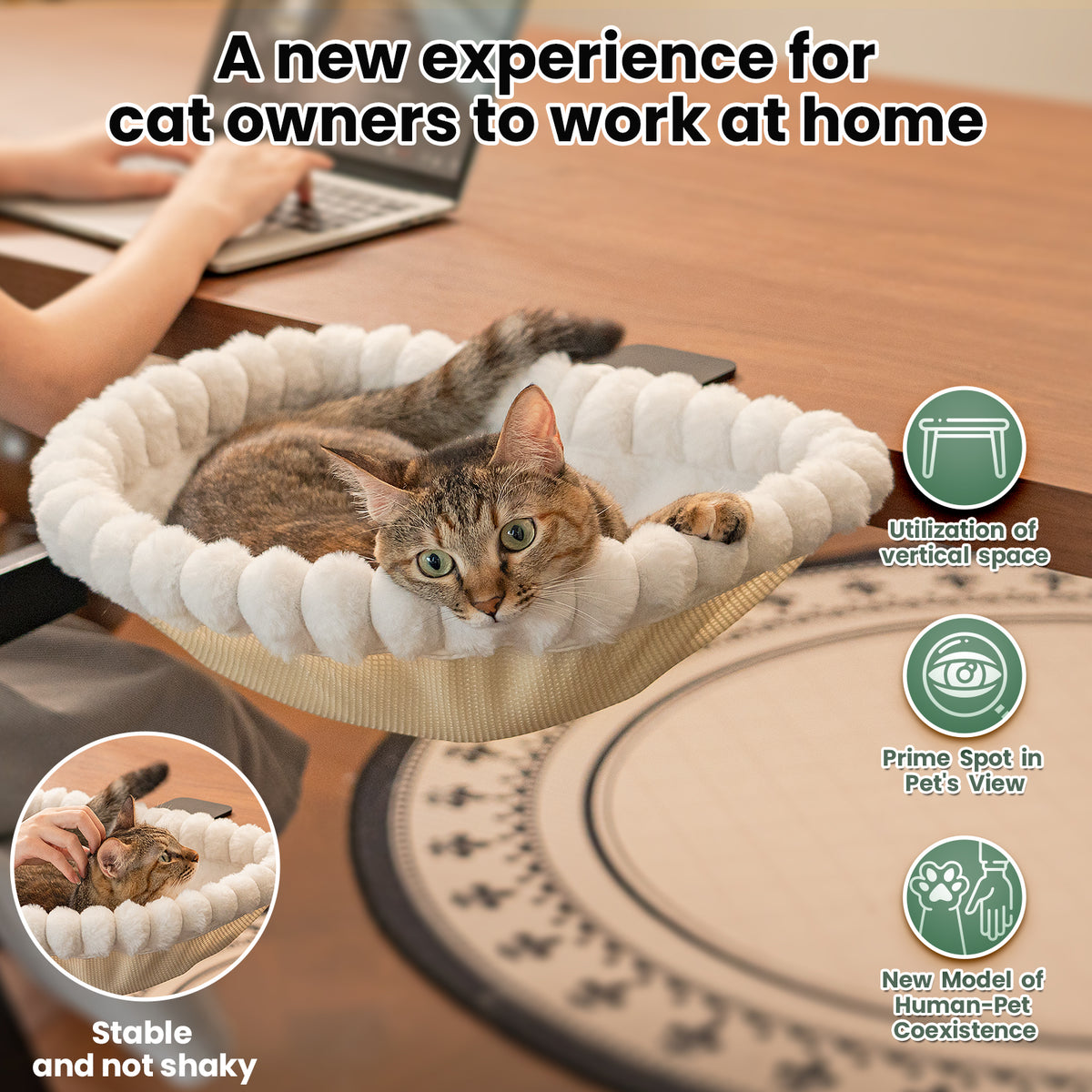 Cat Desk Bed, One-Click Folding, Holds 40lb, White+One Clip