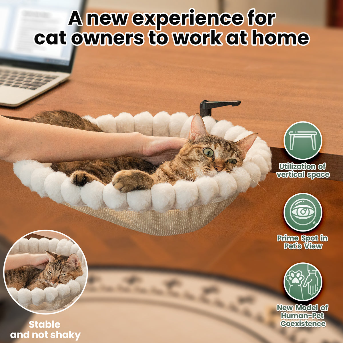 Cat Desk Bed, 2-in-1 Design, Soft Perch, Holds 40lb White+One Clip