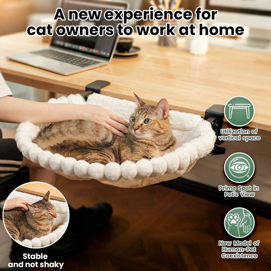 Cat Desk Bed, One-Click Folding, Holds 40lb, White+Two Clips