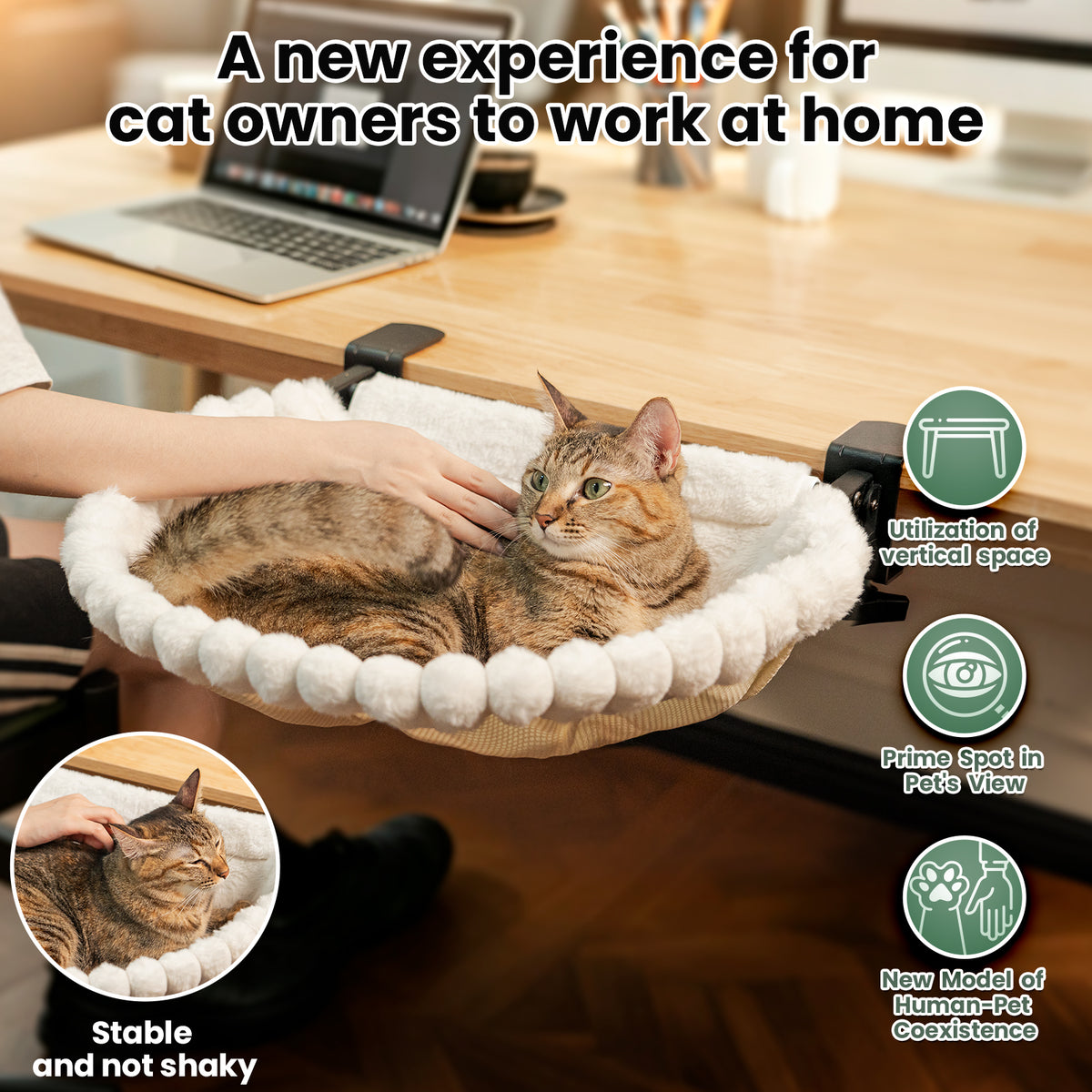 Cat Desk Bed, One-Click Folding, Holds 40lb, White+Two Clips