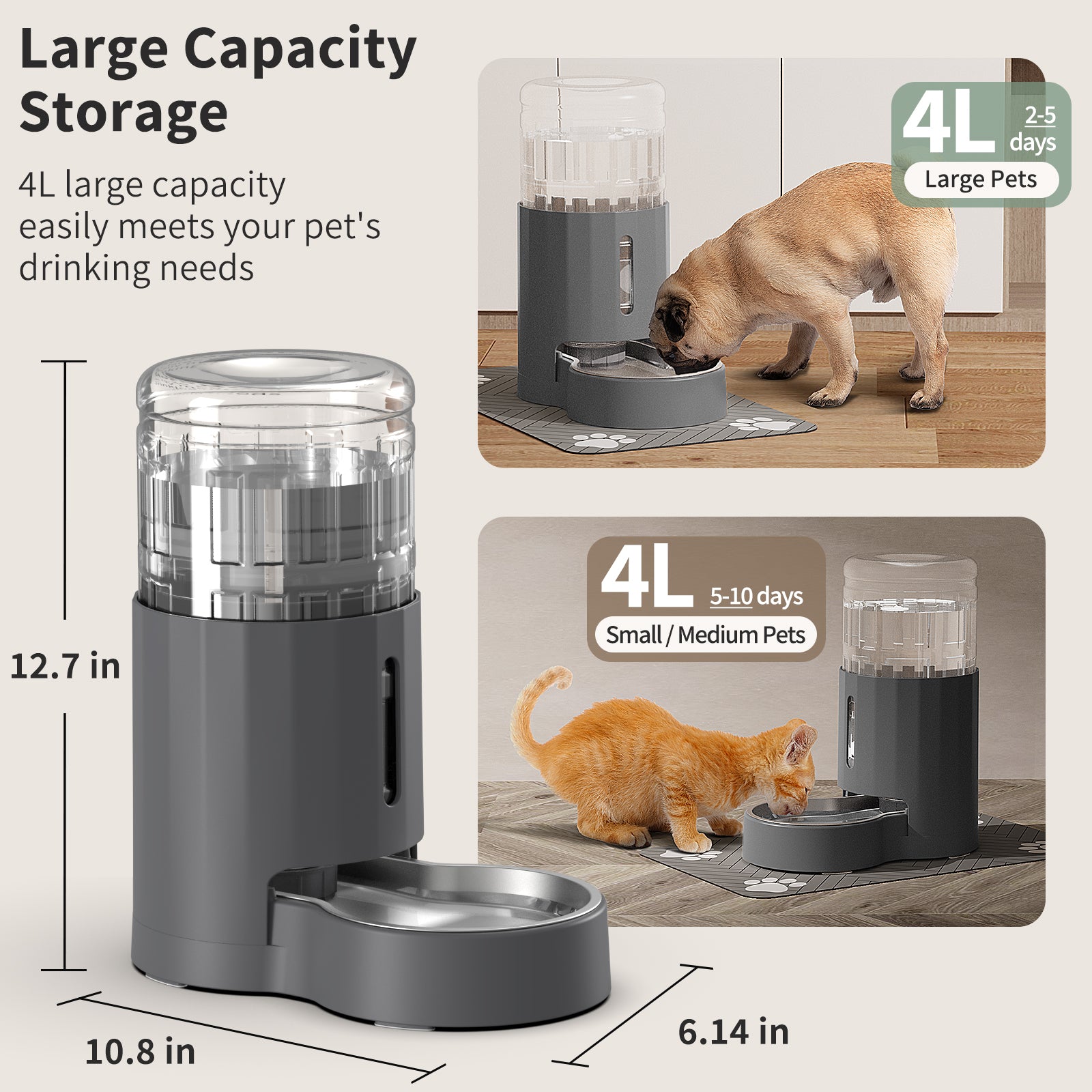 Automatic Gravity Cat Water Dispenser with Stainless Steel Bowl, Large Capacity Pet Water Feeder for Cats & Small Medium Dogs, Easy to Clean