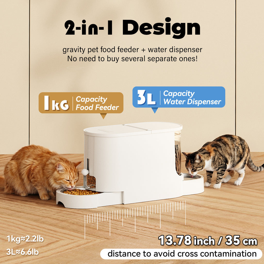 2-in-1 Automatic Cat Feeder Water Dispenser, Stainless Steel Bowls Large Capacity White