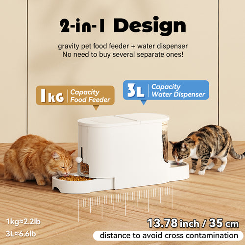 2-in-1 Automatic Cat Feeder Water Dispenser, Stainless Steel Bowls Large Capacity White