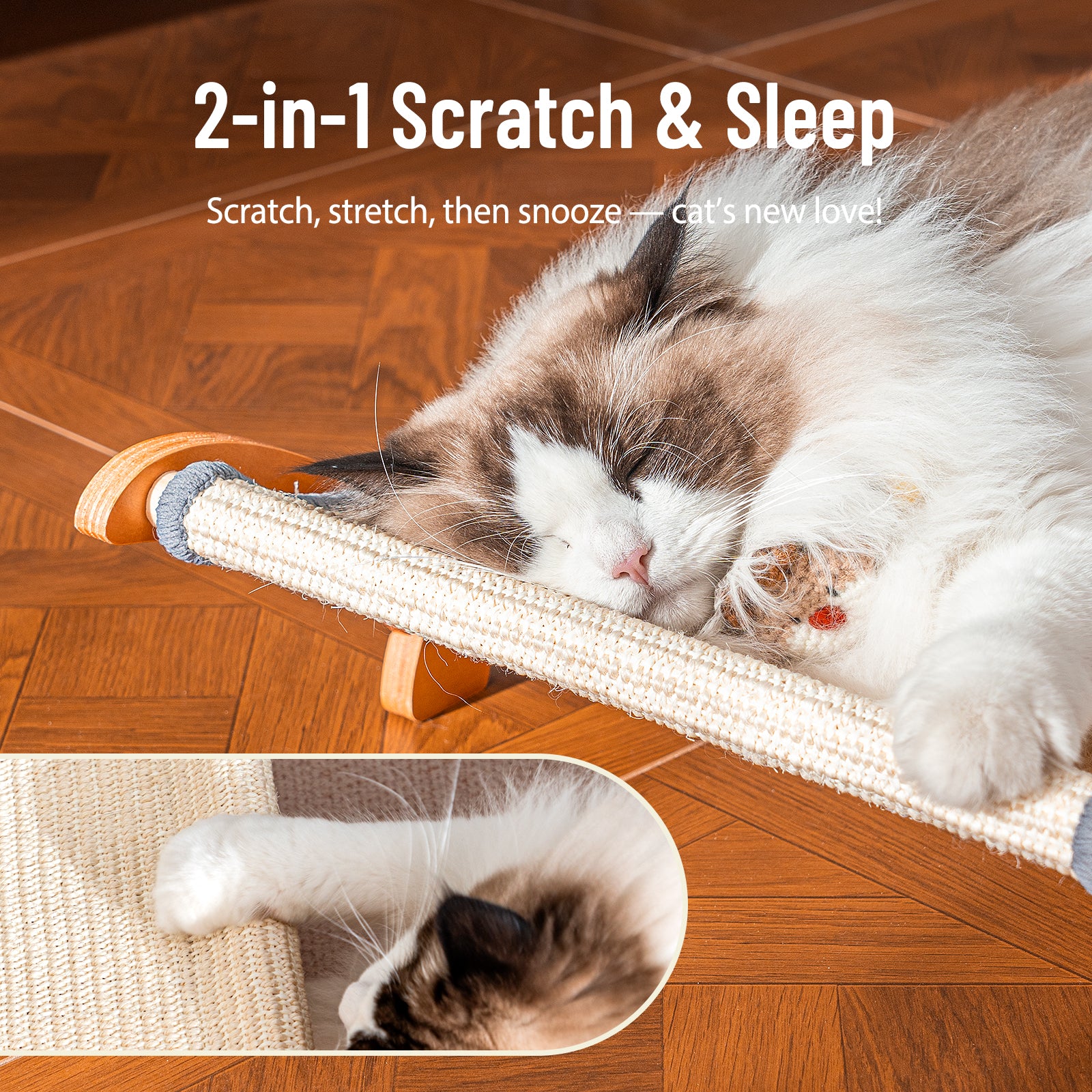 Sisal Cat Scratcher Bed, Solid Wood Cat Hammock Lounger for Large Indoor Cats, Natural Durable Scratching Board Furniture Easy Assembly