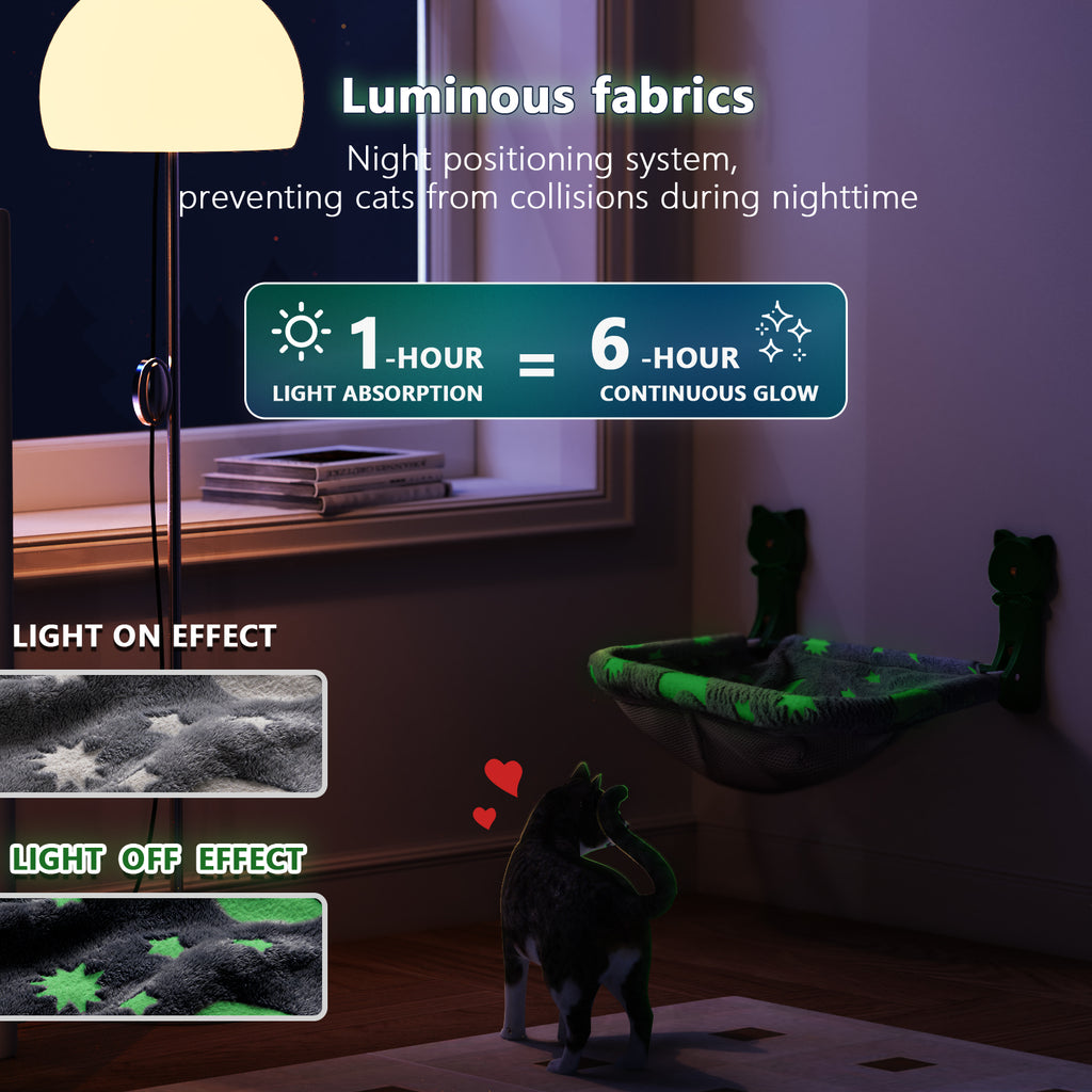 Cat Window Perch, Cordless Foldable Glow in The Dark Cat Hammock with Metal Frame, Star Pattern Window Bed for Indoor Cats