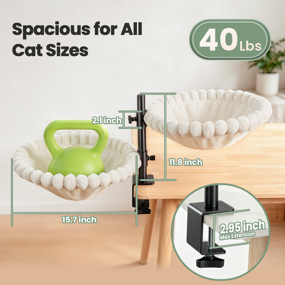 Double Cat Desk Bed, 360° Rotation, Holds 44lb, Adjustable, White
