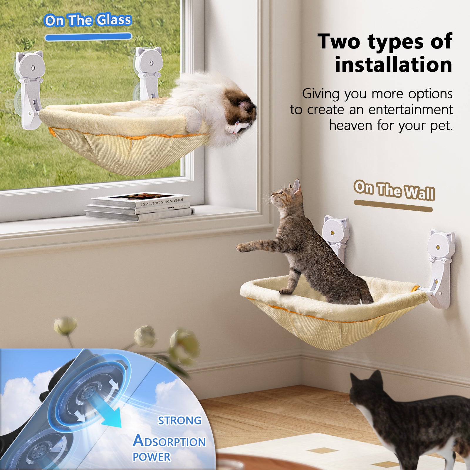 Cat Window Perch Cordless, Foldable & Stable Cat Beds - Breathable Cat Window Hammock for Overlooking, Sunbathing and Climbing - Maximum Hold Up to 40lb