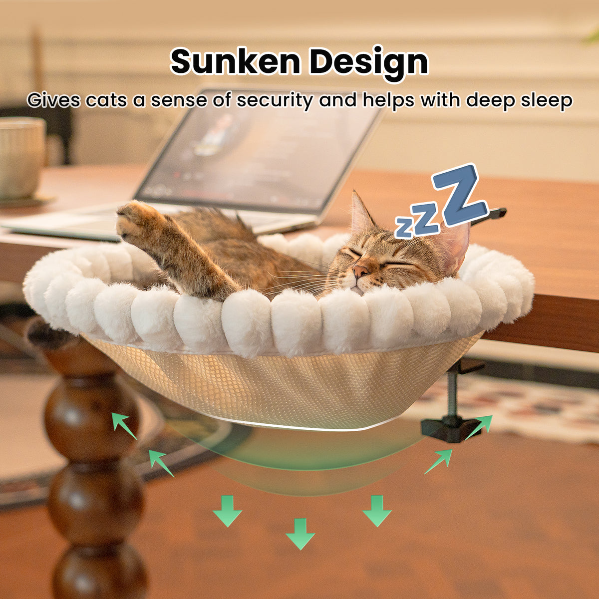 Cat Desk Bed, 2-in-1 Design, Soft Perch, Holds 40lb White+One Clip