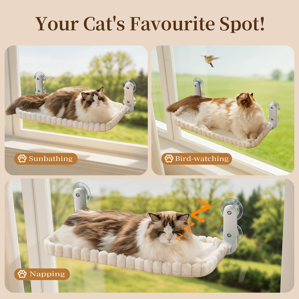 Cat Window Perch, Foldable Cat Hammock, 4 Suction Cups White+Medium
