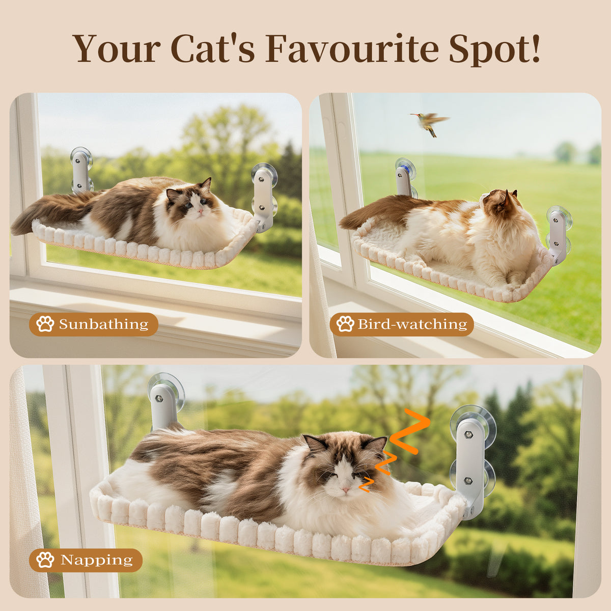 Cat Window Perch, Foldable Cat Hammock, 4 Suction Cups White+Medium