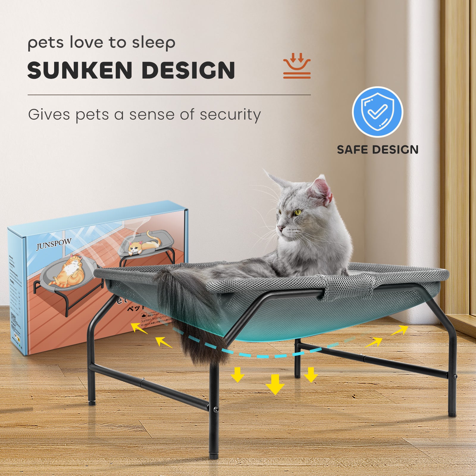 Large Square Cat Hammock Bed, Free-Standing Detachable Pet Bed, Easy Assembly Indoor Outdoor - Gray