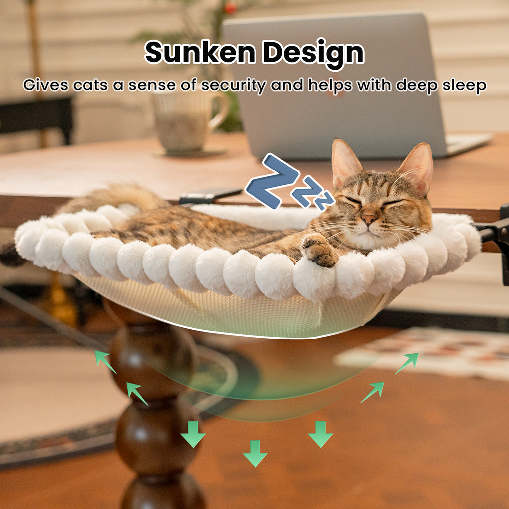 Cat Desk Bed, One-Click Fold, Holds Up to 40lb, White+2 Clips