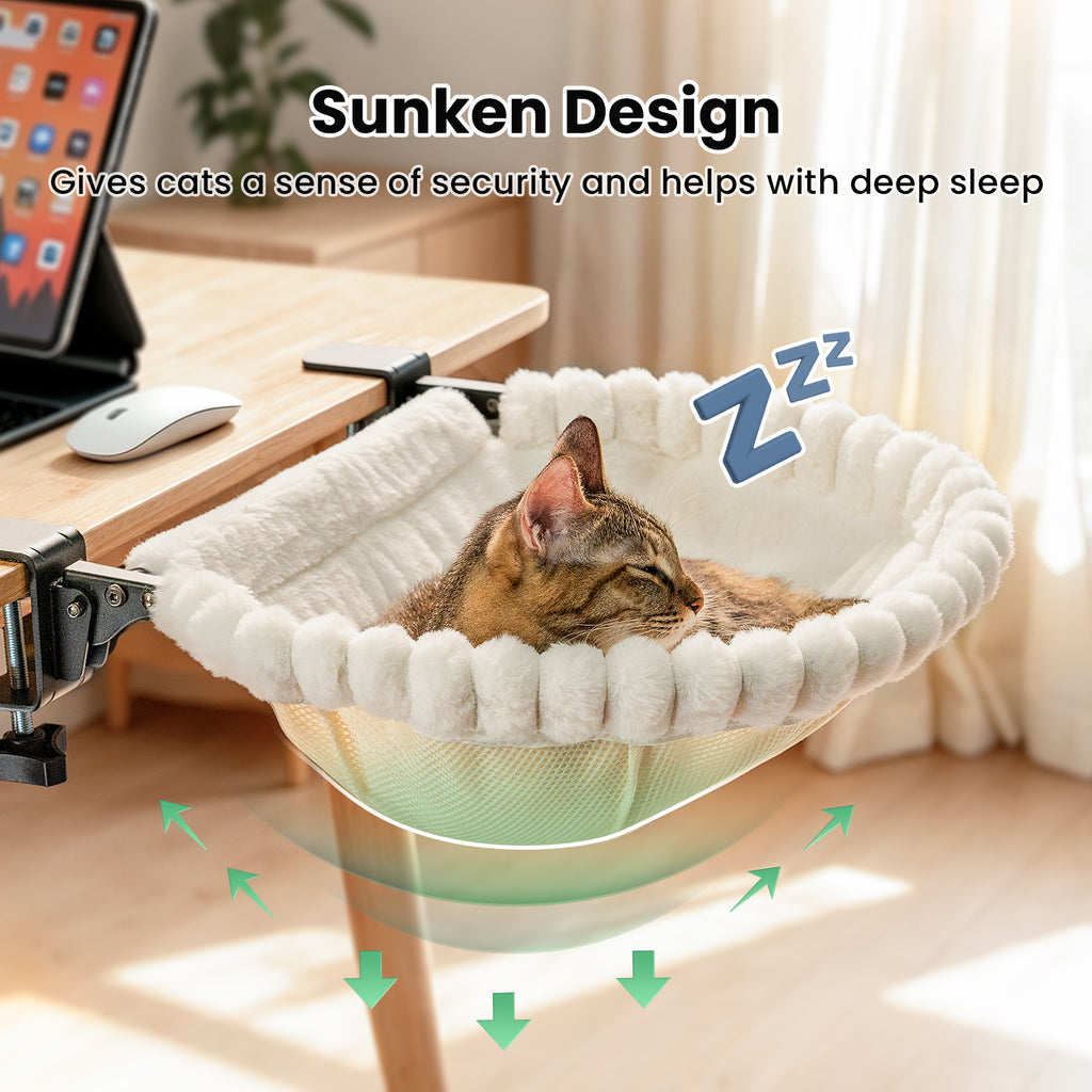 Cat Desk Bed, One-Click Folding, Holds 40lb, White+Two Clips