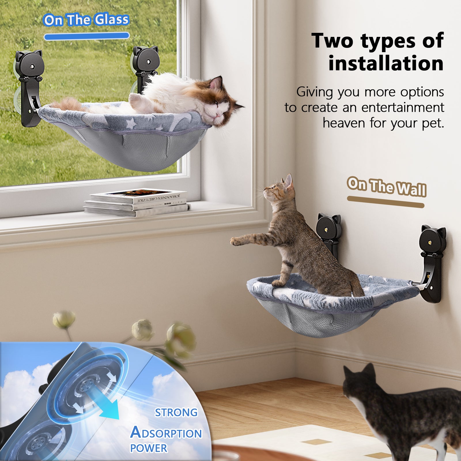 Cat Window Perch, Cordless Foldable Glow in The Dark Cat Hammock with Metal Frame, Star Pattern Window Bed for Indoor Cats