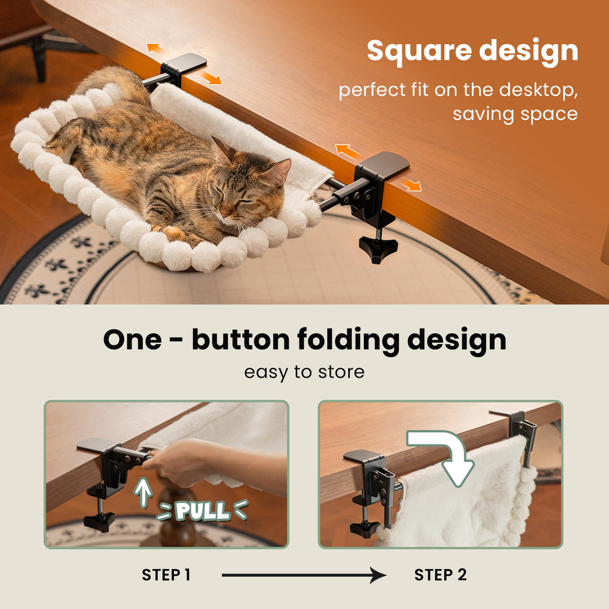 Cat Desk Bed, One-Click Fold, Holds Up to 40lb, White+2 Clips