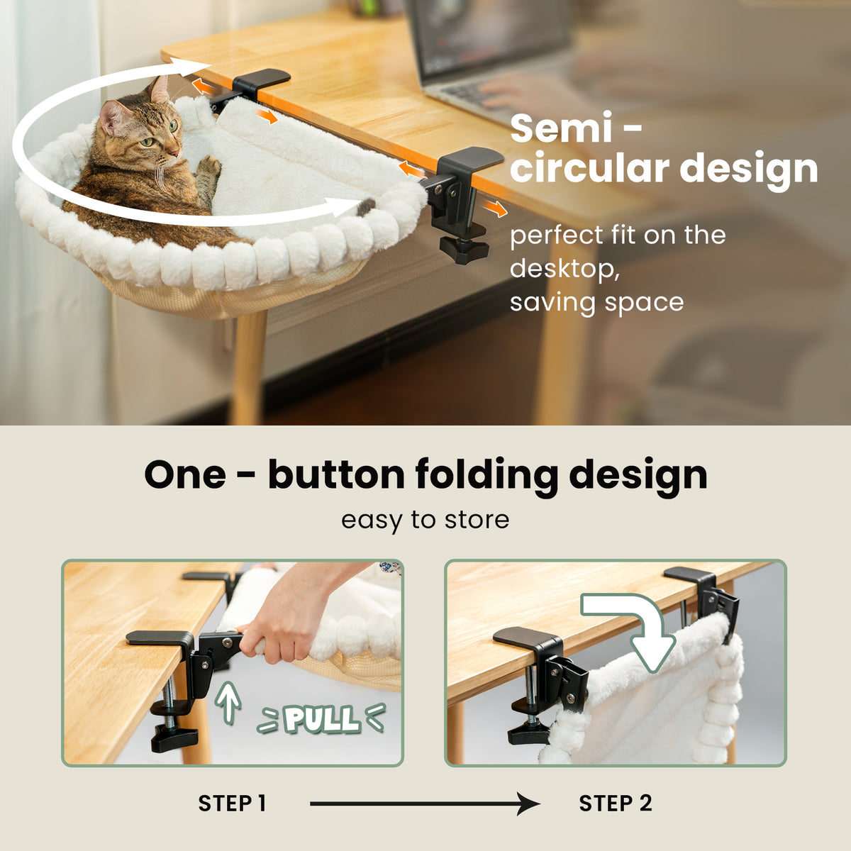 Cat Desk Bed, One-Click Folding, Holds 40lb, White+Two Clips