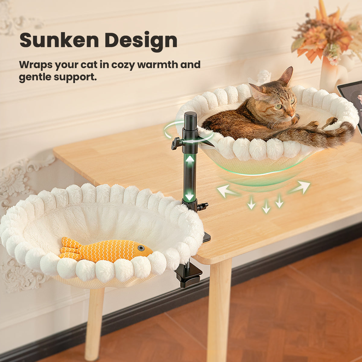 Double Cat Desk Bed, 360° Rotation, Holds 44lb, Adjustable, White