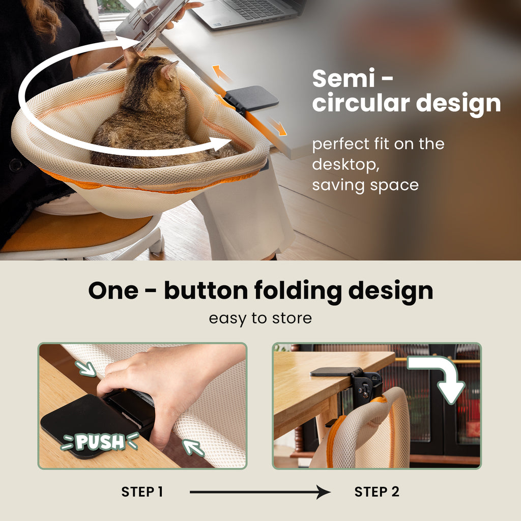Cat Desk Bed, One-Click Fold Semi-Circular Mesh Cover Material Cat Hammock Holds Up to 40lbs