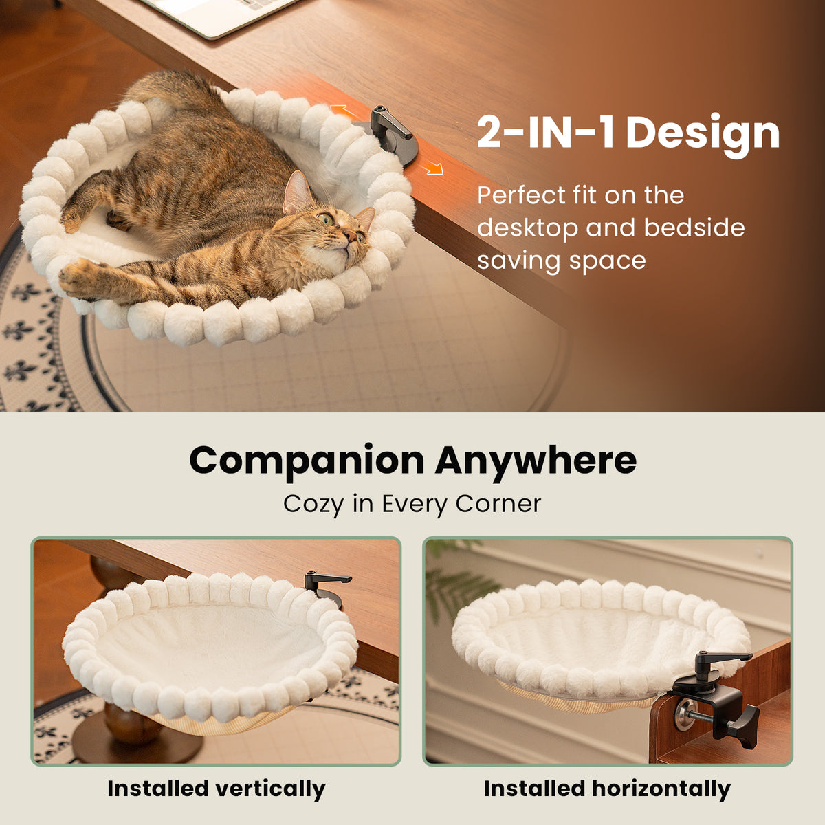 Cat Desk Bed, 2-in-1 Design, Soft Perch, Holds 40lb White+One Clip
