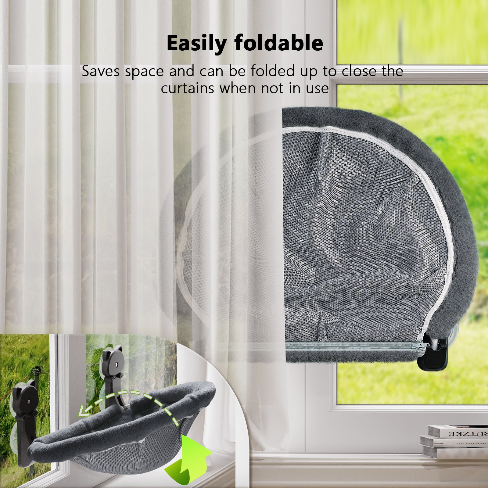 Cat Window Perch, Cordless Foldable Cat Window Hammock Bed, Stable Breathable Holds Up to 40lb