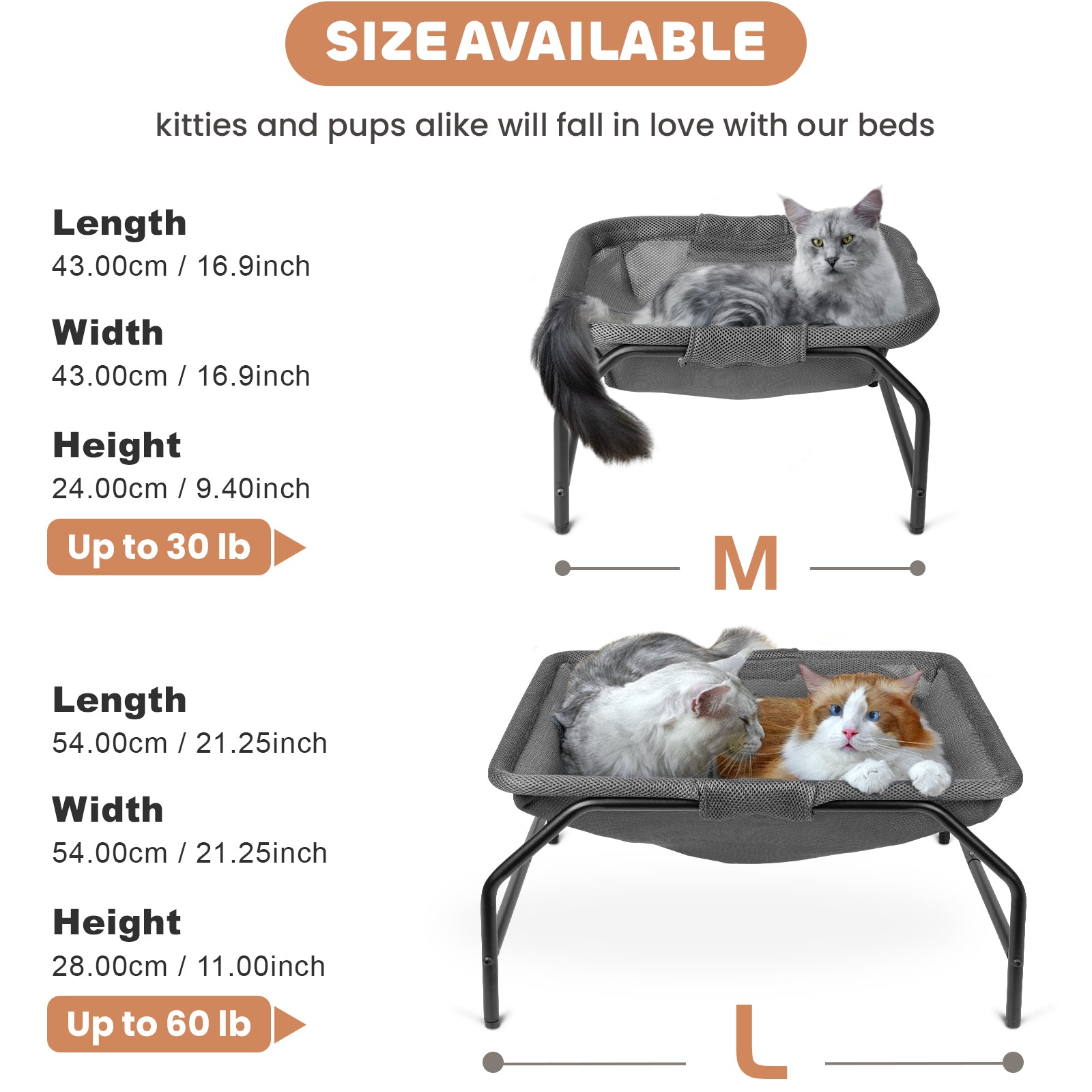Large Square Cat Hammock Bed, Free-Standing Detachable Pet Bed, Easy Assembly Indoor Outdoor - Gray