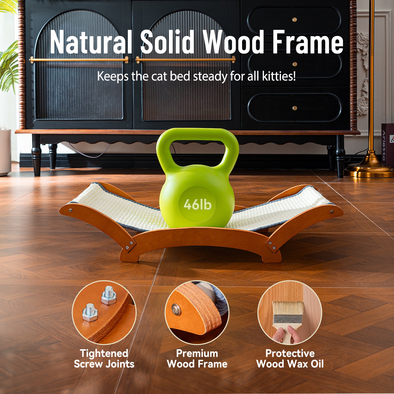 Sisal Cat Scratcher Bed, Solid Wood Cat Hammock Lounger for Large Indoor Cats, Natural Durable Scratching Board Furniture Easy Assembly