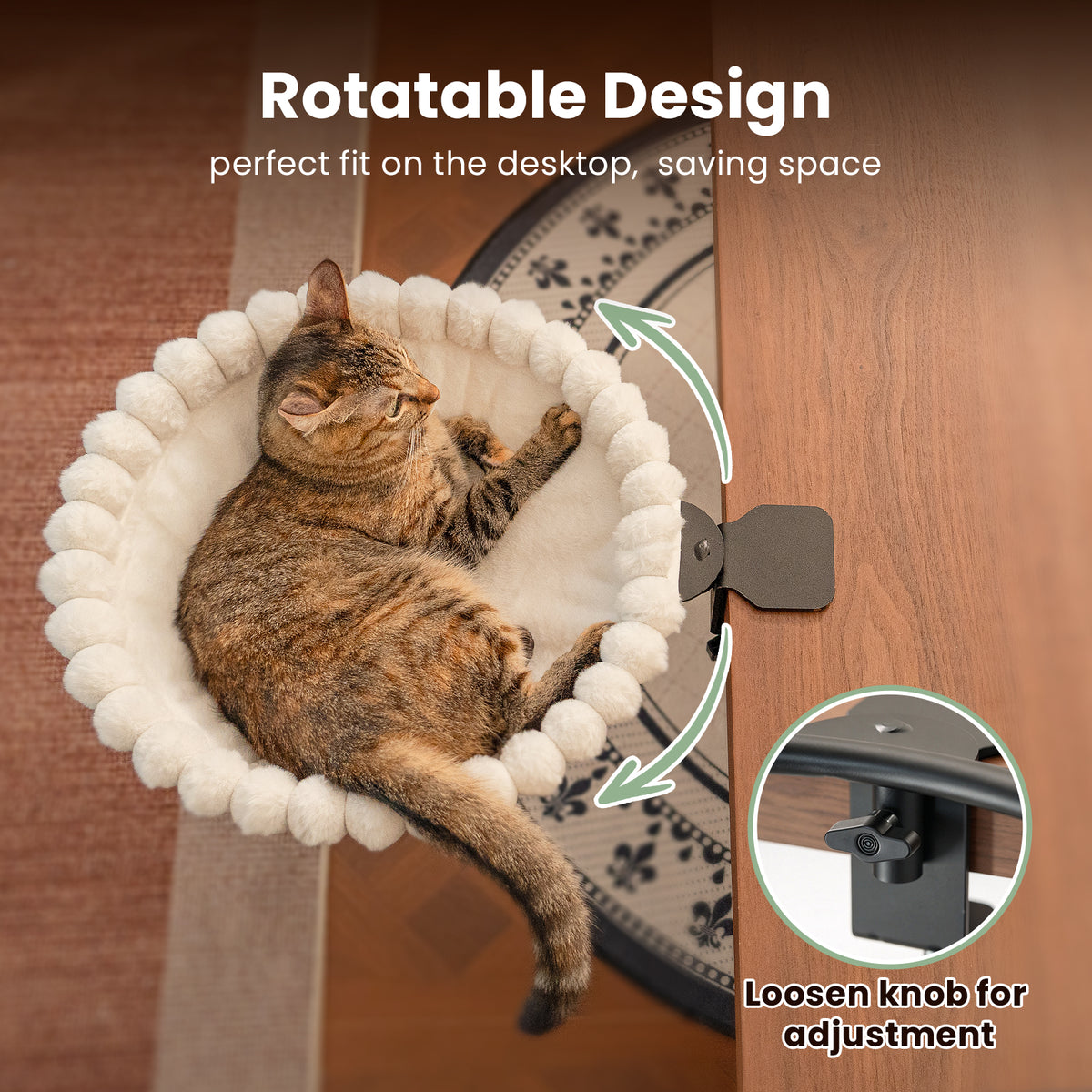 Cat Desk Bed, Rotatable Soft Cat Perch, Holds 40lb, White+One Clip