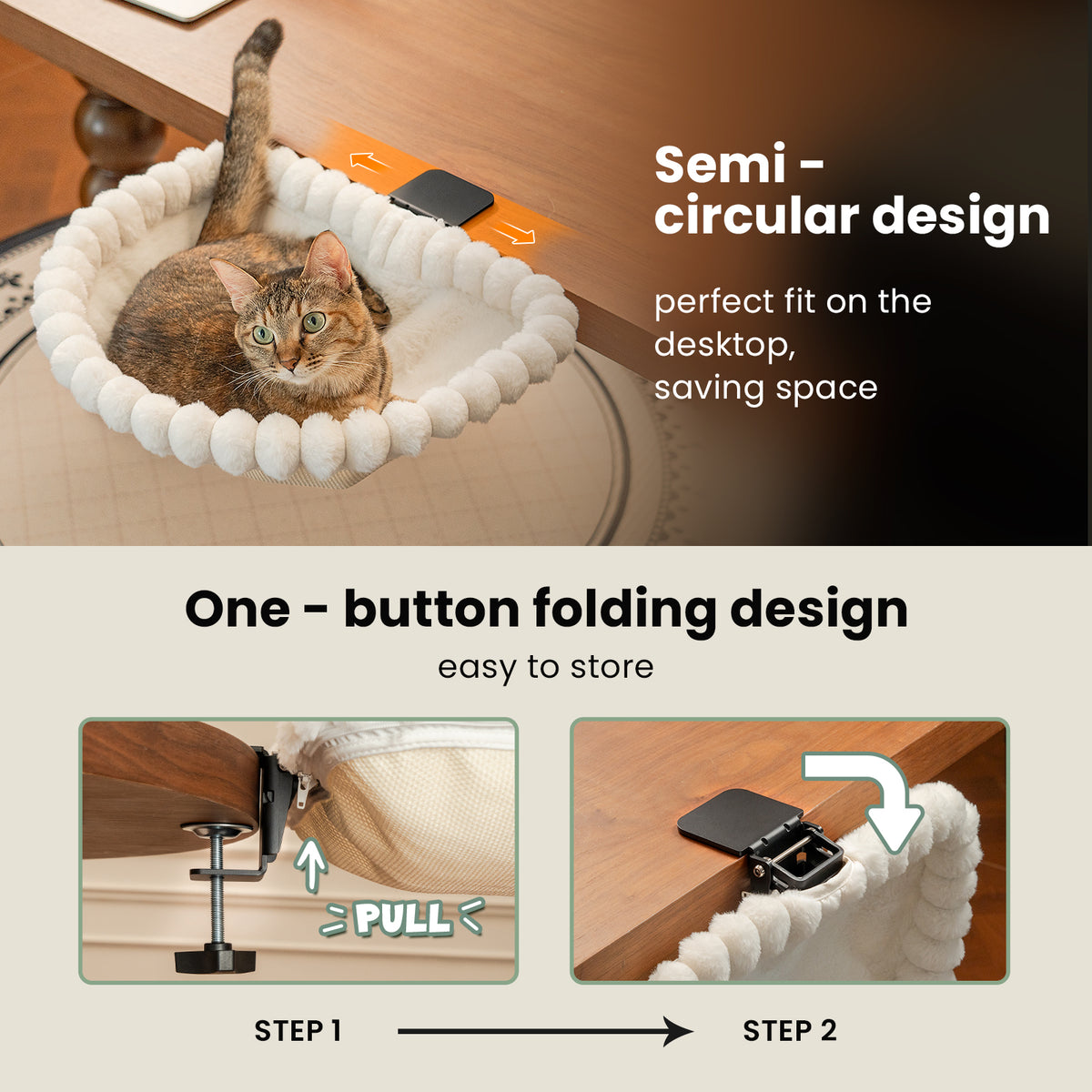 Cat Desk Bed, One-Click Folding, Holds 40lb, White+One Clip