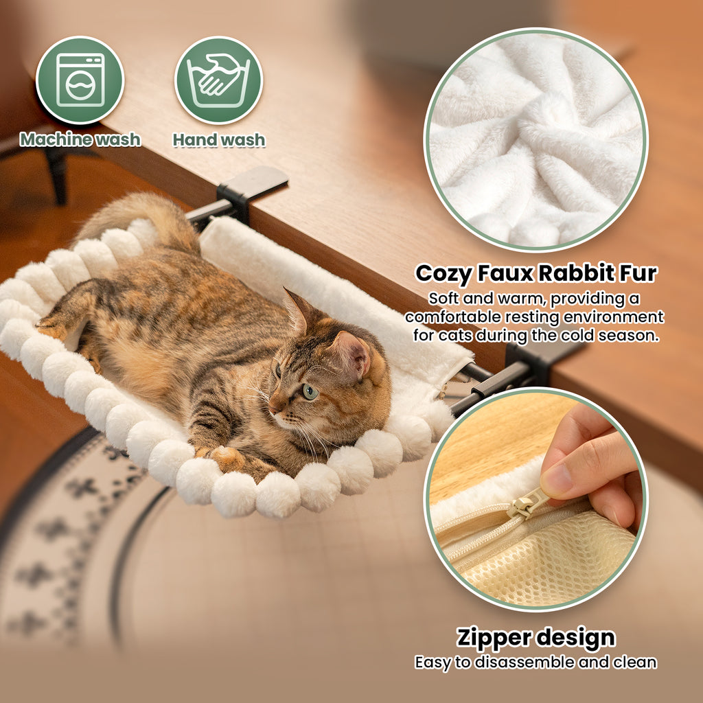 Cat Desk Bed, One-Click Fold, Holds Up to 40lb, White+2 Clips