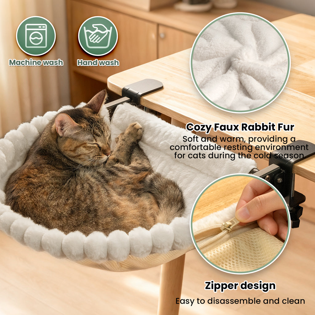 Cat Desk Bed, One-Click Folding, Holds 40lb, White+Two Clips
