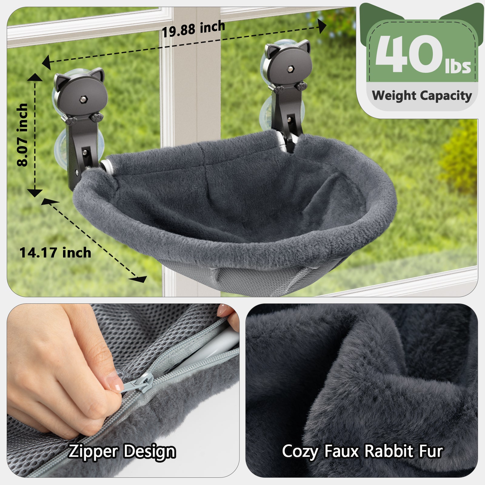 Cat Window Perch, Cordless Foldable Cat Window Hammock Bed, Stable Breathable Holds Up to 40lb