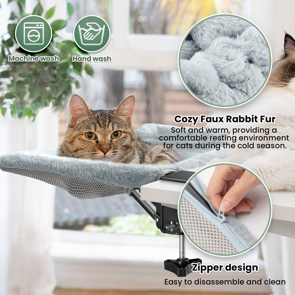 Desk Cat Bed with Foldable Sunken Square Design, Cozy Faux Rabbit Fur Cat Perch, Sturdy Frame Supports 33lb for Office Work & Gaming