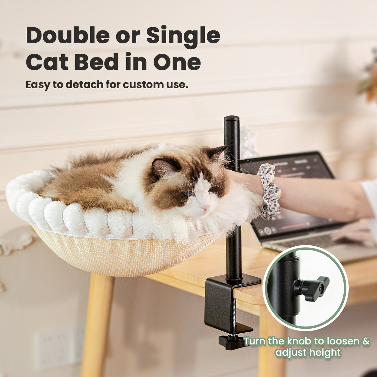 Double Cat Desk Bed, 360° Rotation, Holds 44lb, Adjustable, White