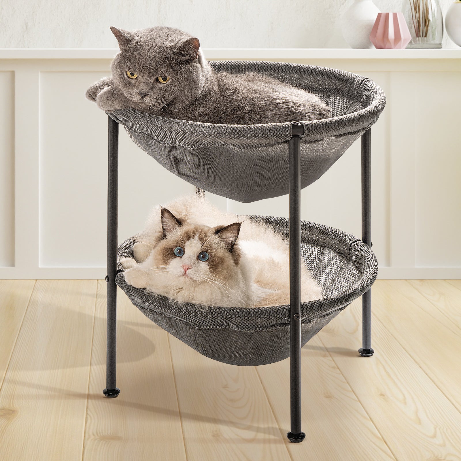 Double Cat Bed Hammock, Breathable Pet Bed with 4 Adjustable Feet & Anti-Slip Mats