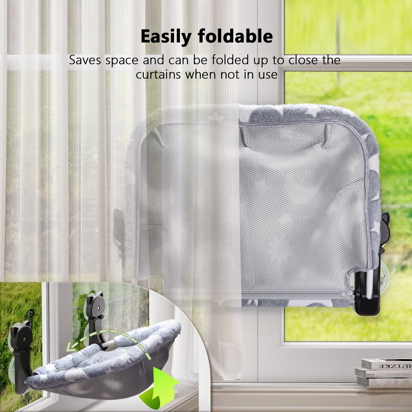 Cat Window Perch, Cordless Foldable Glow in The Dark Cat Hammock with Metal Frame, Star Pattern Window Bed for Indoor Cats