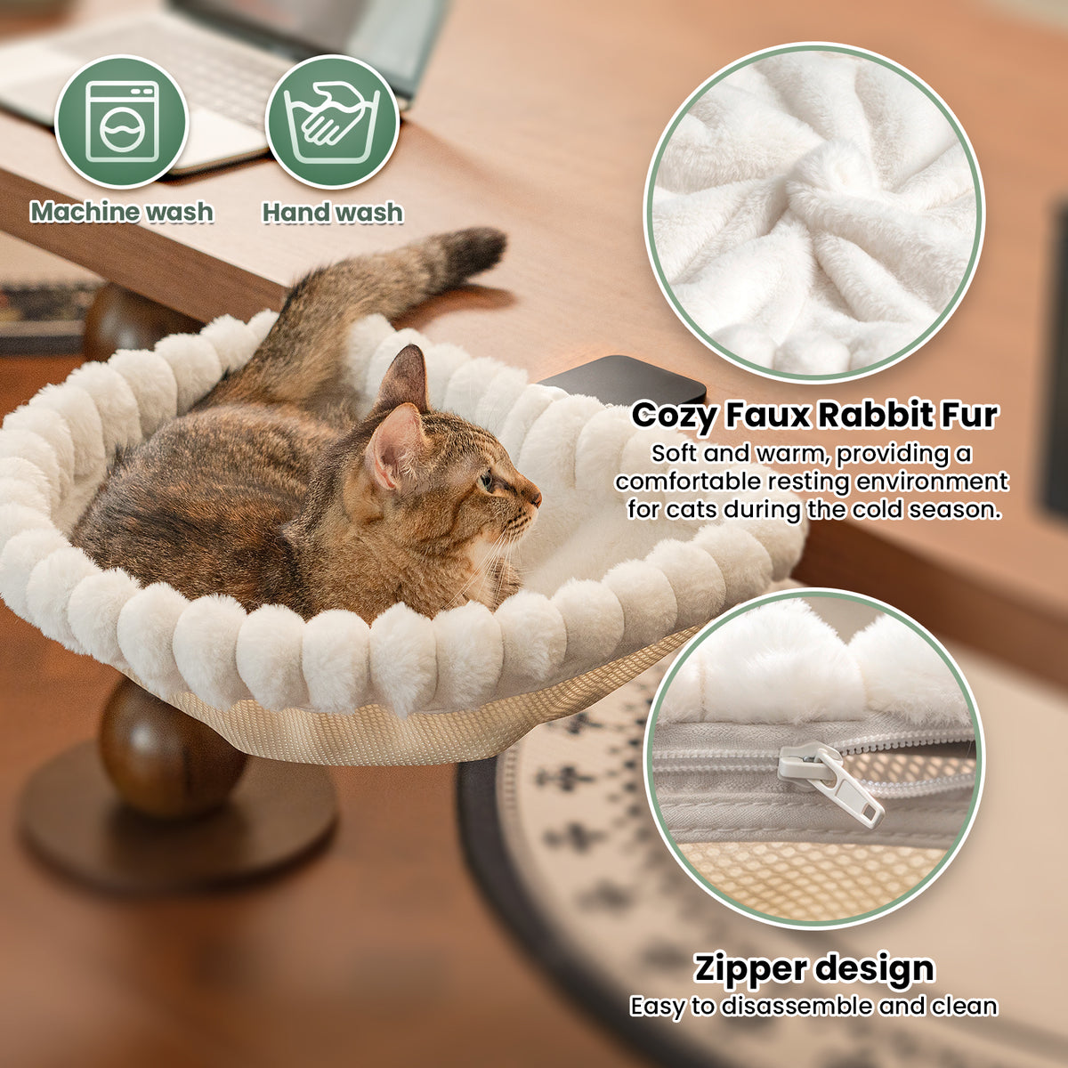 Cat Desk Bed, One-Click Folding, Holds 40lb, White+One Clip